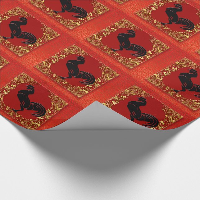 Papel De Regalo Black Rooster Chinese Zodiac Animal Red and Gold (Esquina)