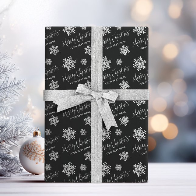 Papel De Regalo Black Snowflakes Merry Christmas Script Personaliz (Black Snowflakes Merry Christmas Script Custom Wrapping Paper)