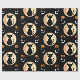 Papel De Regalo Black Spooky cat ojos verdes con luna Halloween