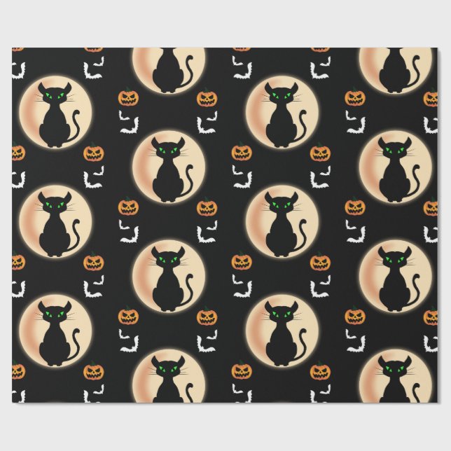 Papel De Regalo Black Spooky cat ojos verdes con luna Halloween (Superficie plana)