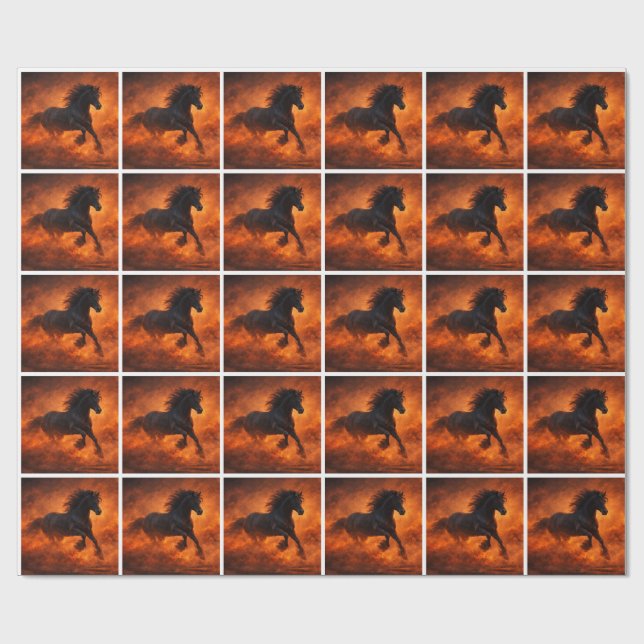 Papel De Regalo Black Stallion Running Through Orange Mist (Superficie plana)