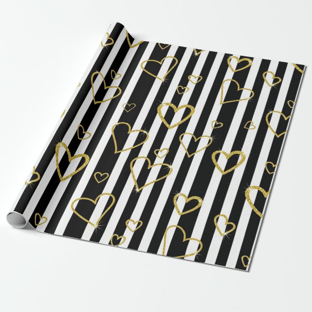 Papel De Regalo Black Stripe Gold Heart Glam Pattern (6) (Desenrollado)