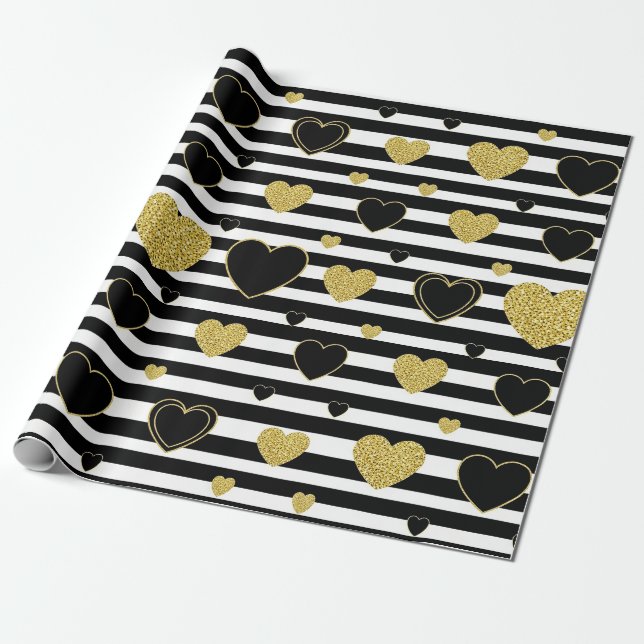 Papel De Regalo Black Stripe Gold Heart Glam Pattern (7) (Desenrollado)