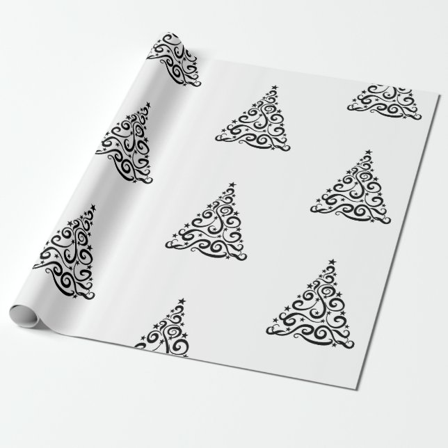 Papel De Regalo Black Swirls Christmas Trees on White (Desenrollado)