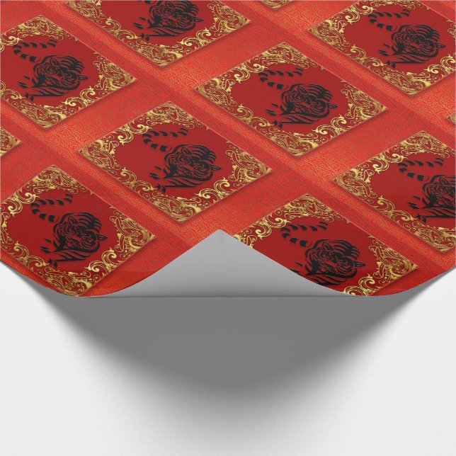 Papel De Regalo Black Tiger Chinese Zodiac Animal Red and Gold (Esquina)