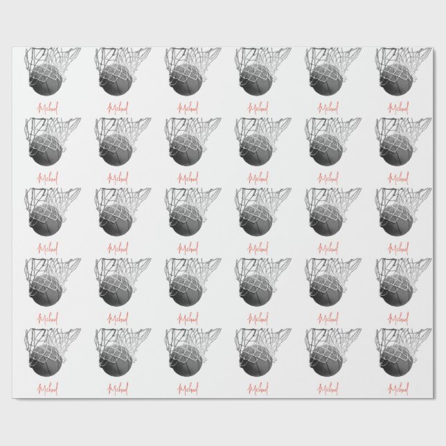 Papel De Regalo Black & White Basketball Ball & Net Your Name (Superficie plana)