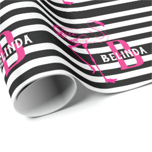 Papel De Regalo Black White Pink FLamingo Gift Monograma HER