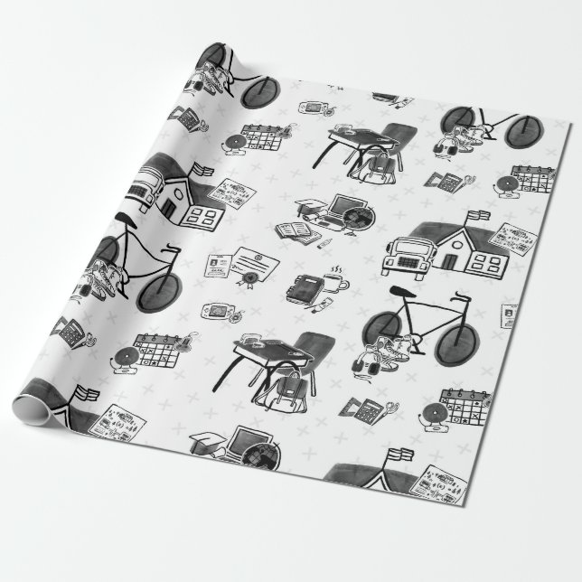 Papel De Regalo Black & White School Doodle (Desenrollado)