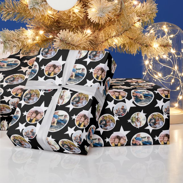 Papel De Regalo Black White Stars Stripes Round Photos Christmas (Vacaciones)