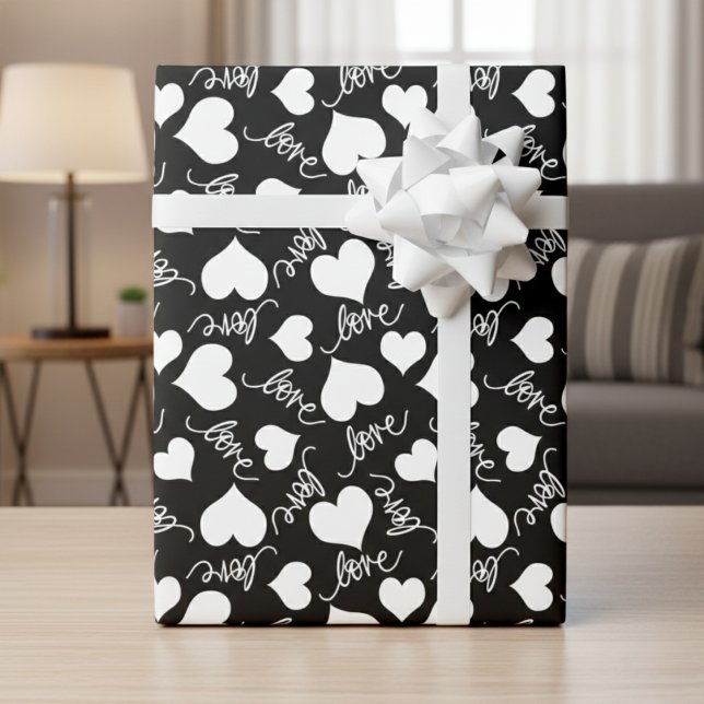 Papel De Regalo Black & White Whimsical Cursive Love & Hearts (Black & White Whimsical Cursive Love & Hearts Wrapping Paper)