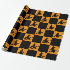 Papel De Regalo Black Witches on Orange Checkered Wrapping Paper