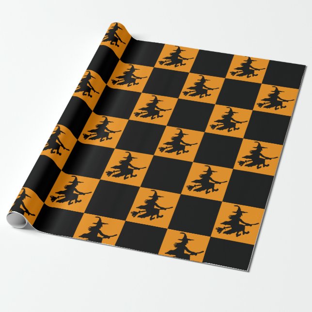 Papel De Regalo Black Witches on Orange Checkered Wrapping Paper (Desenrollado)