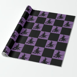 Papel De Regalo Black Witches on Purple Checkered Wrapping Paper