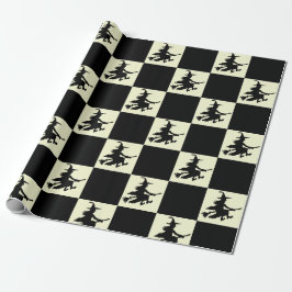 Papel De Regalo Black Witches on Yellow Checkered Wrapping Paper