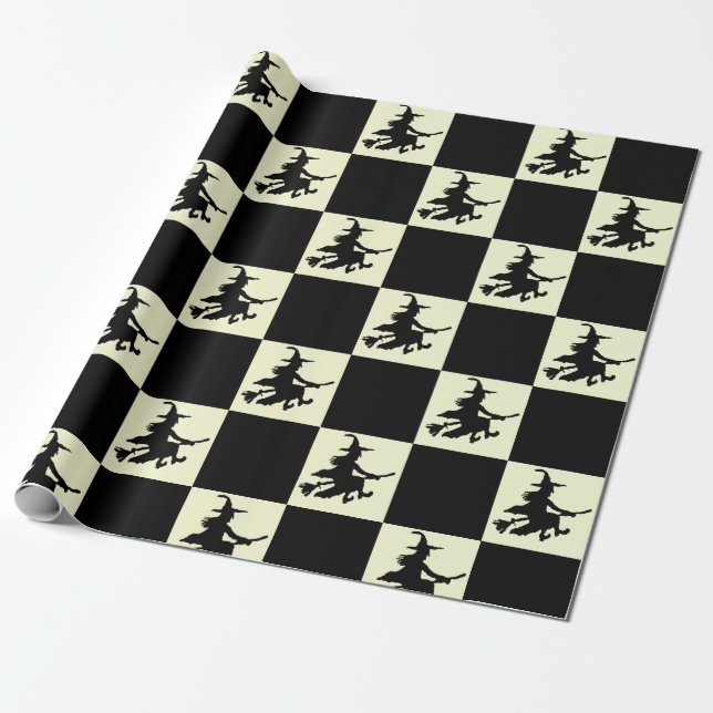 Papel De Regalo Black Witches on Yellow Checkered Wrapping Paper (Desenrollado)
