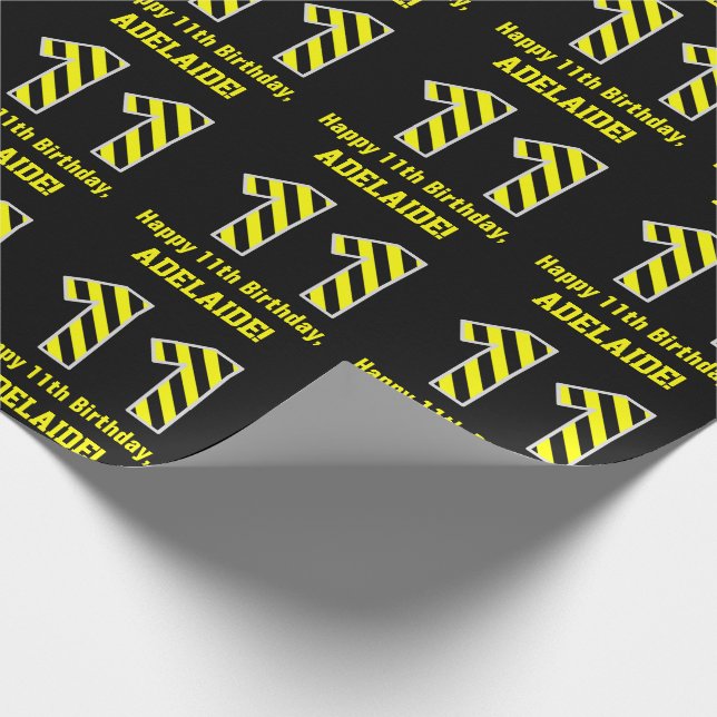 Papel De Regalo Black & Yellow Striped "11"; 11th Birthday + Name (Esquina)