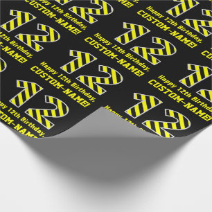 Papel De Regalo Black & Yellow Striped "12"; 12th Birthday + Name
