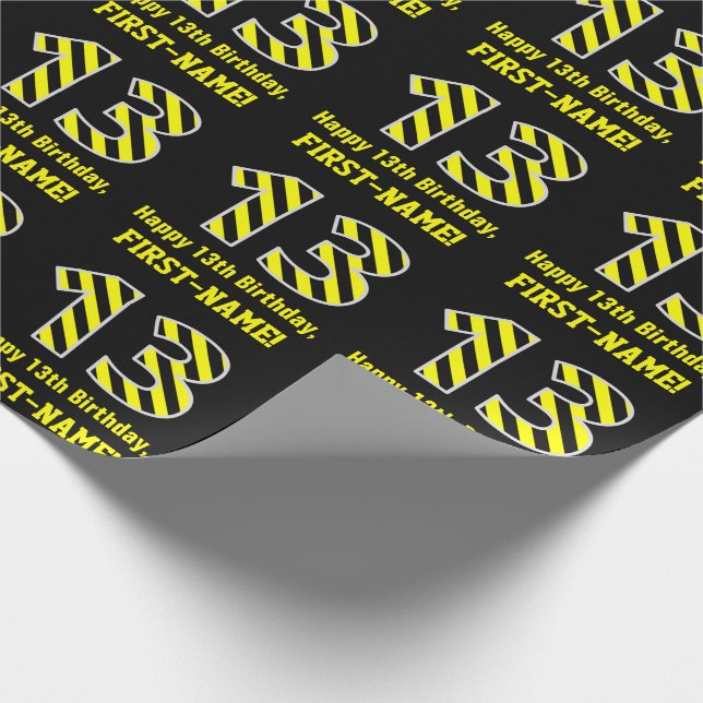 Papel De Regalo Black & Yellow Striped "13"; 13 cumpleaños + nombr (Esquina)