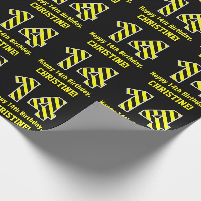 Papel De Regalo Black & Yellow Striped "14"; 14th Birthday + Name (Esquina)