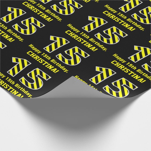 Papel De Regalo Black & Yellow Striped "15"; 15th Birthday + Name (Esquina)