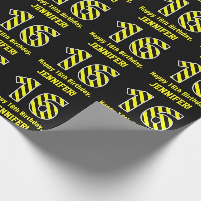 Papel De Regalo Black & Yellow Striped "16"; 16th Birthday + Name (Esquina)