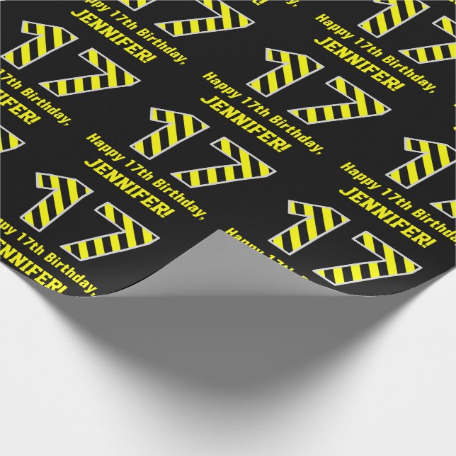 Papel De Regalo Black & Yellow Striped "17"; 17 cumpleaños + nombr (Esquina)