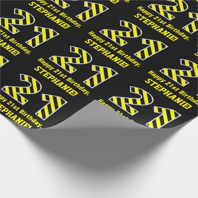 Papel De Regalo Black & Yellow Striped "21"; 21st Birthday + Name (Esquina)
