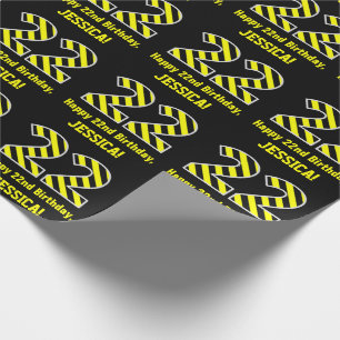 Papel De Regalo Black & Yellow Striped "22"; 22nd Birthday + Name