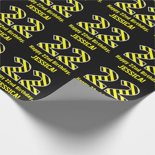 Papel De Regalo Black & Yellow Striped "22"; 22nd Birthday + Name (Esquina)