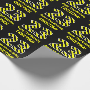 Papel De Regalo Black & Yellow Striped "23"; 23rd Birthday + Name
