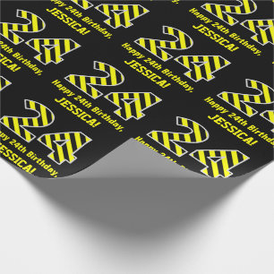 Papel De Regalo Black & Yellow Striped "24"; 24th Birthday + Name