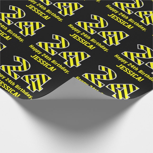 Papel De Regalo Black & Yellow Striped "24"; 24th Birthday + Name (Esquina)