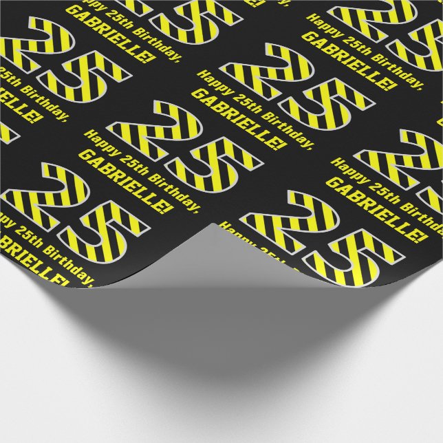 Papel De Regalo Black & Yellow Striped "25"; 25th Birthday + Name (Esquina)