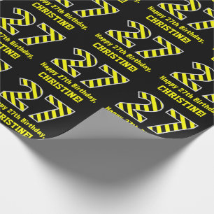 Papel De Regalo Black & Yellow Striped "27"; 27th Birthday + Name