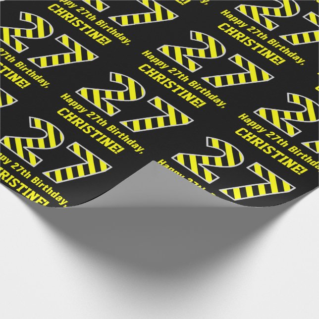 Papel De Regalo Black & Yellow Striped "27"; 27th Birthday + Name (Esquina)