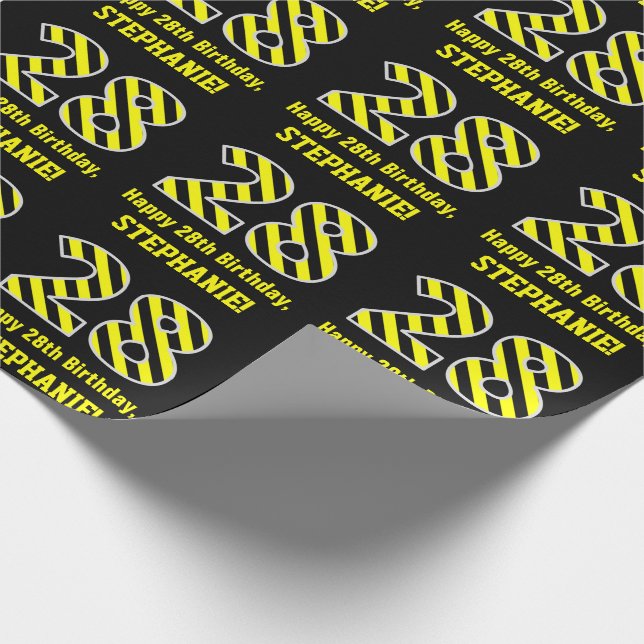 Papel De Regalo Black & Yellow Striped "28"; 28th Birthday + Name (Esquina)