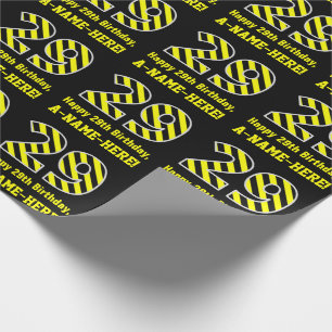 Papel De Regalo Black & Yellow Striped "29"; 29th Birthday + Name