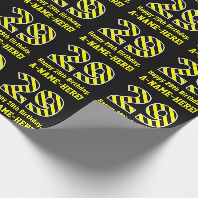 Papel De Regalo Black & Yellow Striped "29"; 29th Birthday + Name (Esquina)