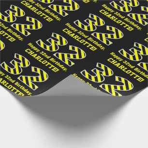 Papel De Regalo Black & Yellow Striped "32"; 32nd Birthday + Name