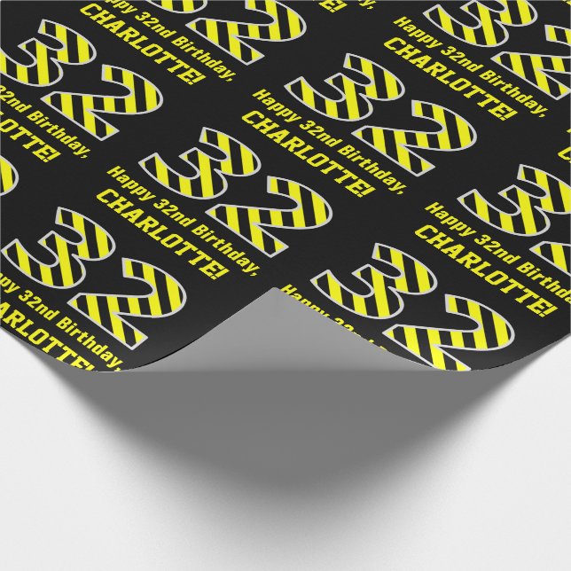 Papel De Regalo Black & Yellow Striped "32"; 32nd Birthday + Name (Esquina)