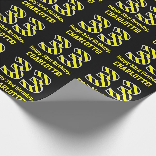 Papel De Regalo Black & Yellow Striped "33"; 33rd Birthday + Name (Esquina)