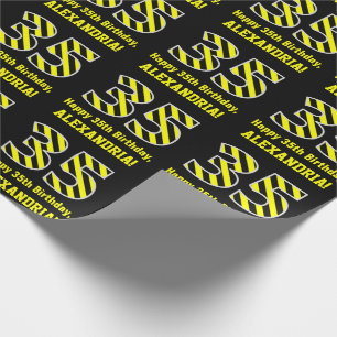 Papel De Regalo Black & Yellow Striped "35"; 35th Birthday + Name