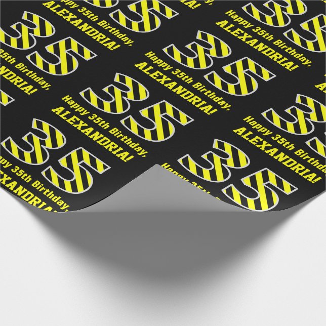 Papel De Regalo Black & Yellow Striped "35"; 35th Birthday + Name (Esquina)