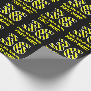 Papel De Regalo Black & Yellow Striped "36"; 36th Birthday + Name