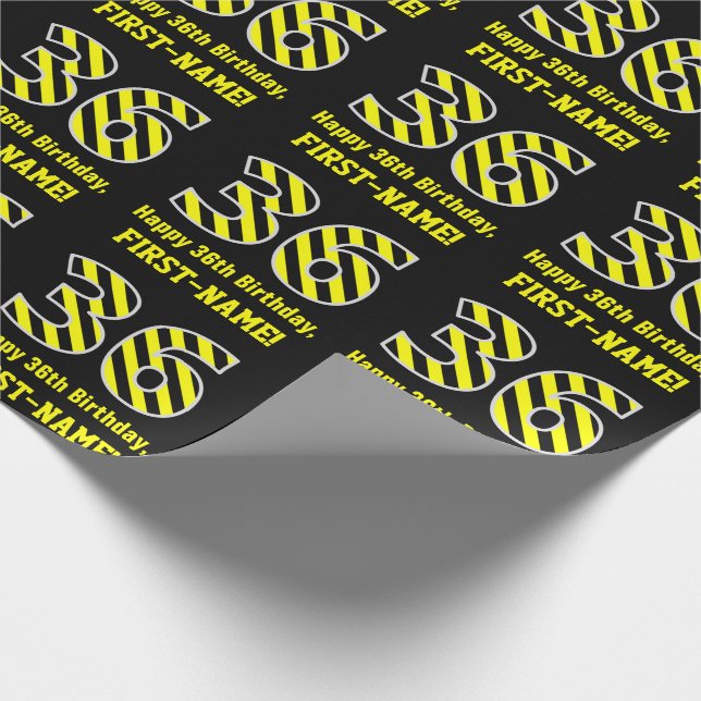 Papel De Regalo Black & Yellow Striped "36"; 36th Birthday + Name (Esquina)