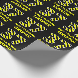 Papel De Regalo Black & Yellow Striped "37"; 37th Birthday + Name
