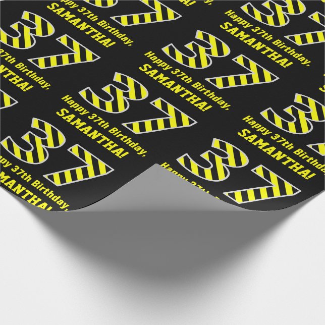 Papel De Regalo Black & Yellow Striped "37"; 37th Birthday + Name (Esquina)