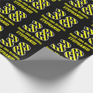 Papel De Regalo Black & Yellow Striped "38"; 38th Birthday + Name