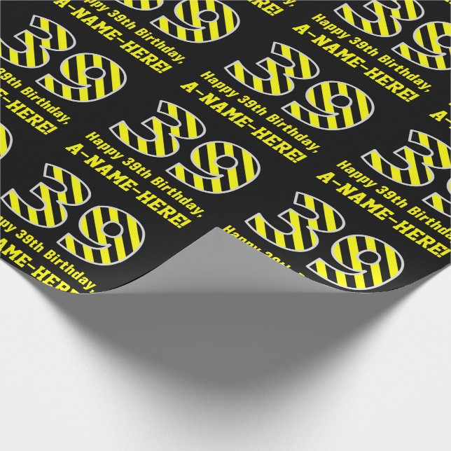 Papel De Regalo Black & Yellow Striped "39"; 39th Birthday + Name (Esquina)