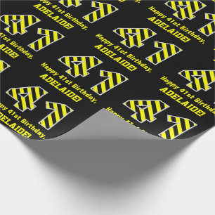Papel De Regalo Black & Yellow Striped "41"; 41st Birthday + Name